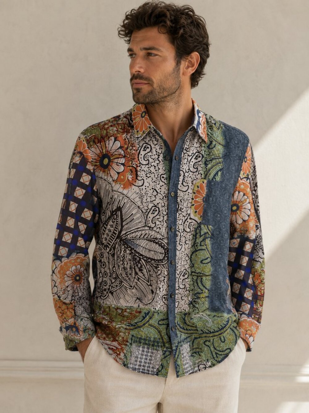 Desigual Shirt Men's M Abstract Floral Paisley AOP Button Up Party Long Sleeve